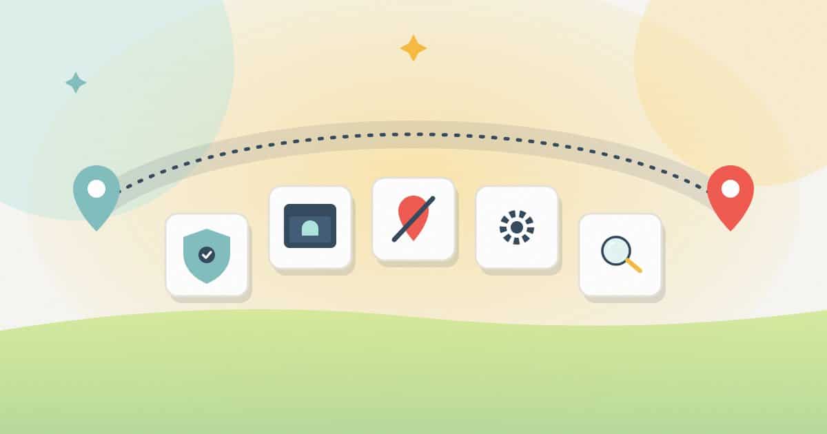 Illustration: a dotted tunnel from a home pin to a target-country pin, with five steps along it: VPN shield, private window, blocked location, search settings and the search.