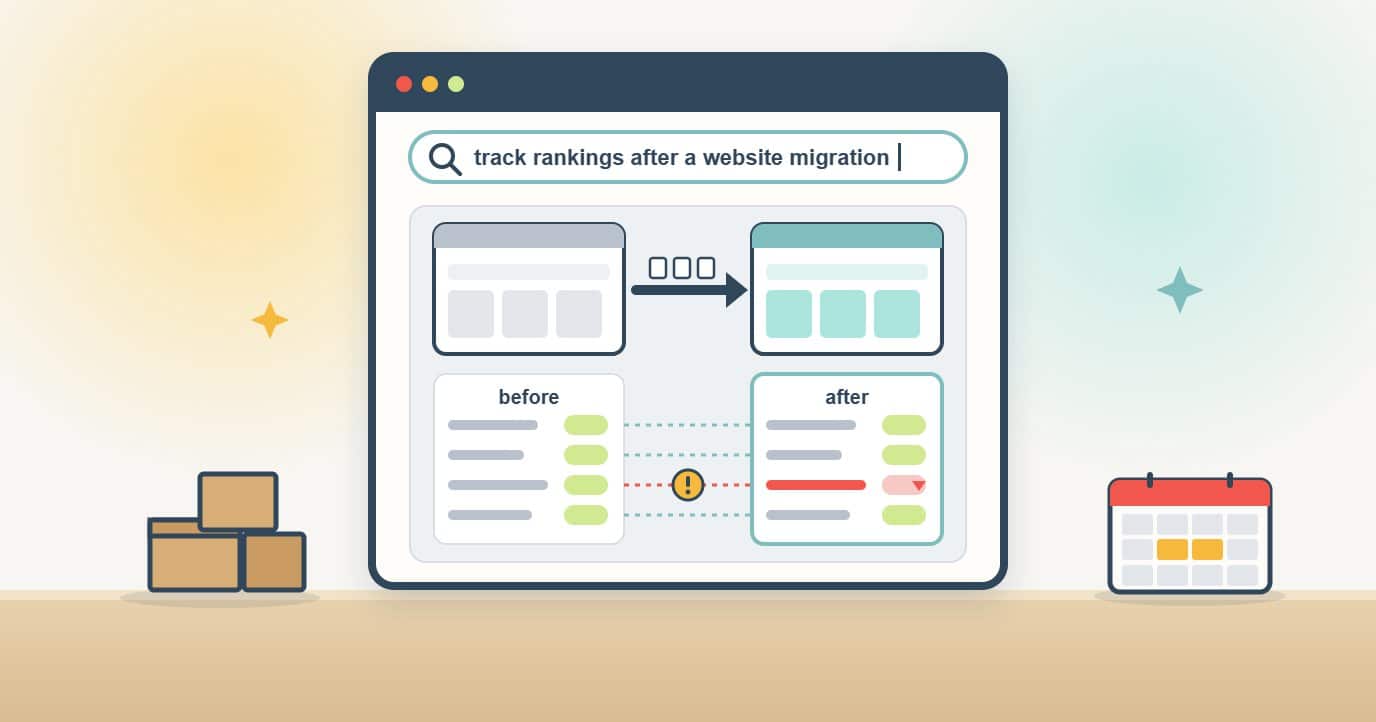 A browser search for tracking rankings after a website migration shows pages moving from an old site to a new one above before and after ranking lists matched row by row, where one keyword has dropped and is flagged with a warning.
