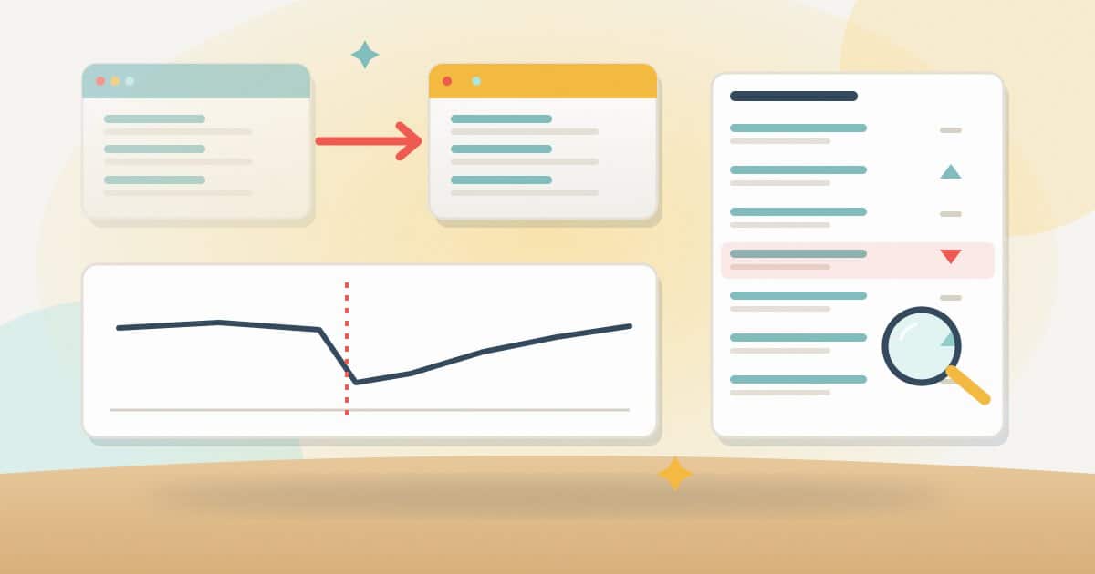 Illustration: an old site moving to a new one, a traffic line that dips at launch and recovers, and a ranking list under a magnifier showing exactly which keyword dropped.