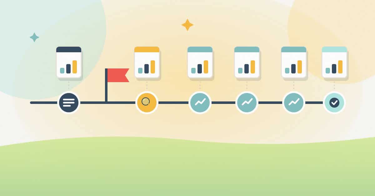 Illustration: a timeline with a baseline check before the launch flag, an early check after it, monthly settling checks and a final check once rankings are back to normal.