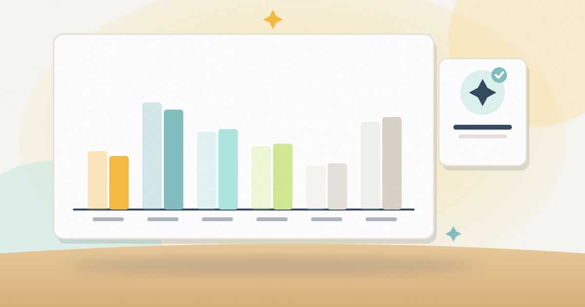 Illustration: ranking band bars before (faded) and after (solid) a migration with almost the same shape, beside an AI Overview citation badge with a tick.