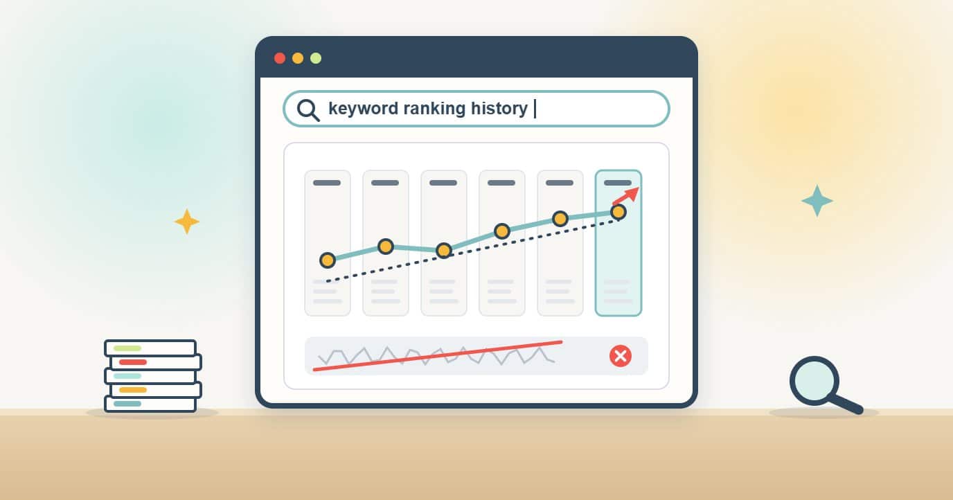 A browser search for keyword ranking history shows six monthly report cards in a row with one ranking point on each, joined into a rising trend line, above a jittery daily tracking strip that is crossed out.