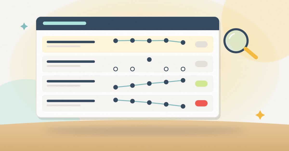 Illustration: a report with four keyword rows, each with its own small trend line across five checks: steady with a dip, one high point among misses, rising and falling.