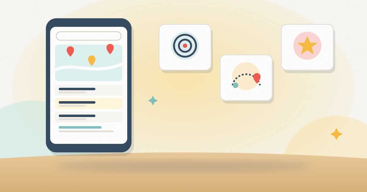 Illustration: a phone showing a local map pack above the results, next to three factor cards: a target for relevance, a distance arc for distance and a star for prominence.