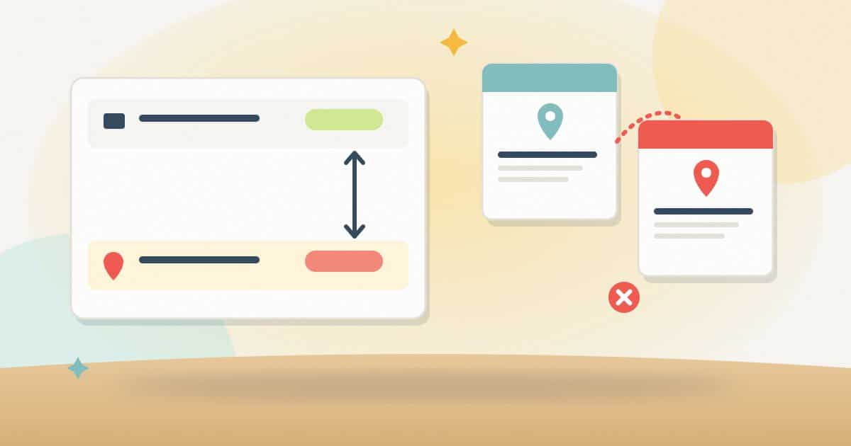Illustration: a national row and a city row for the same keyword with a gap marked between them, and two location pages where the wrong one ranks in the city.