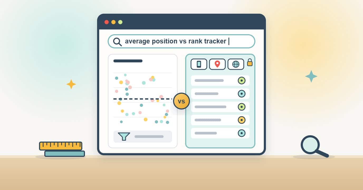 A browser search comparing average position with a rank tracker shows many scattered search positions blended into one dashed average line on one side and, on the other, fixed device, location and language settings with one exact position per keyword row.