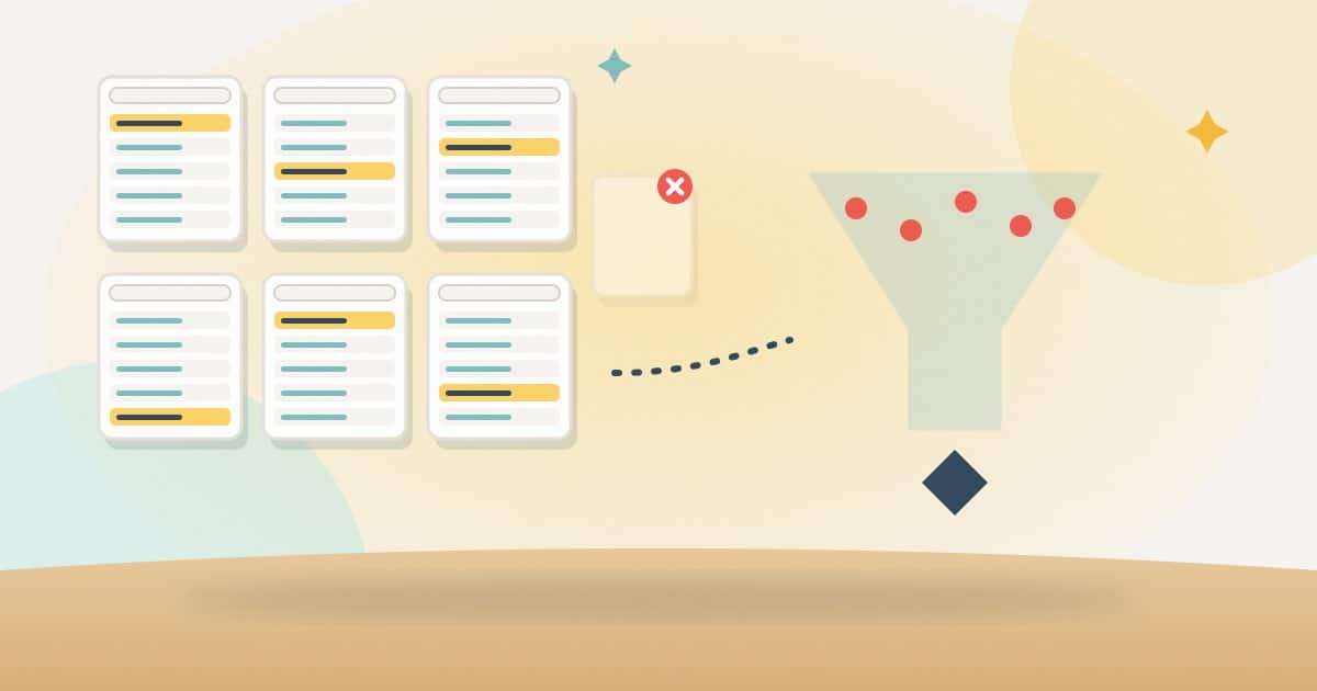 Illustration: many small searches where the same site appears at different positions, a search with no appearance crossed out, all averaged through a funnel into one value.