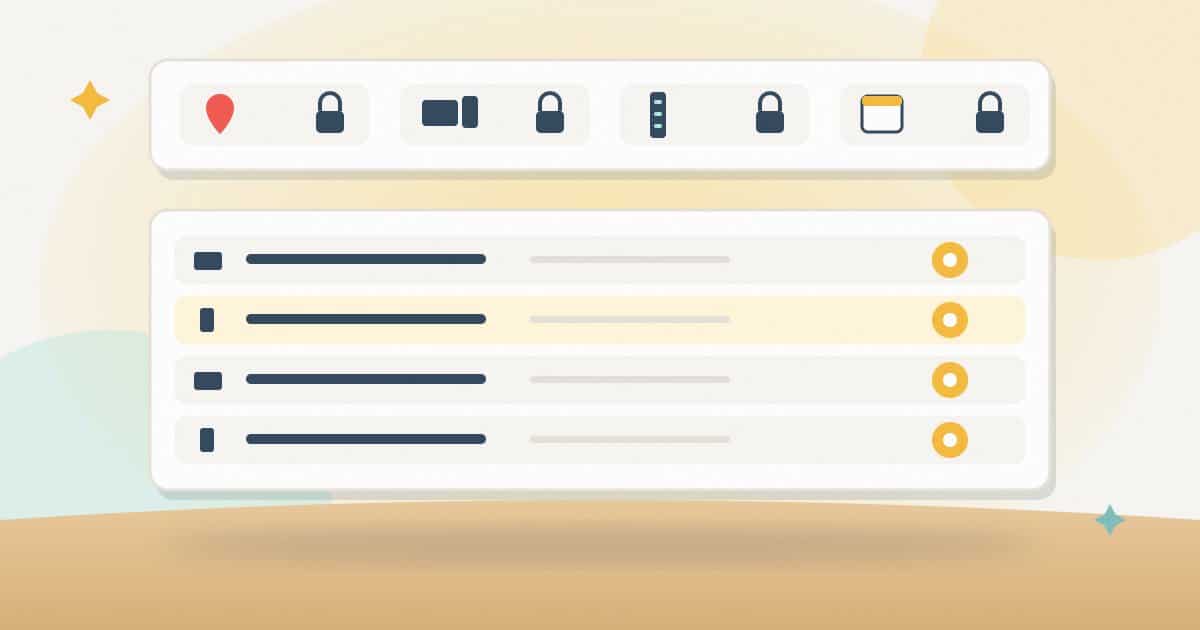 Illustration: locked settings for location, device, depth and date above a list of engine rows, each with one exact position marker.