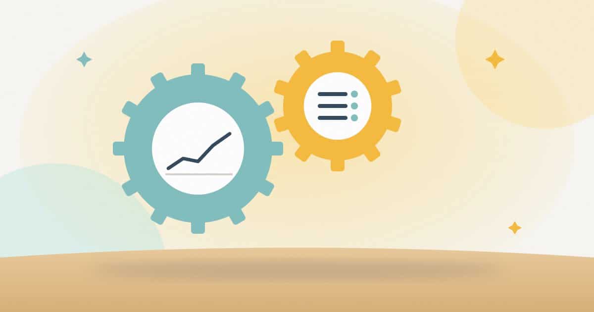 Illustration: two meshing gears, one holding a search performance chart and the other a ranking list, working together.