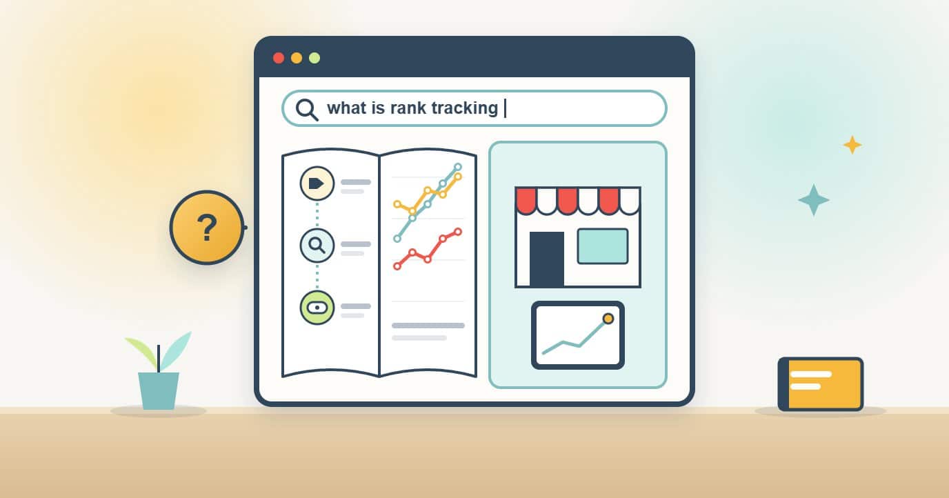 A browser search asking what rank tracking is shows an open plain-English guide with three steps, keyword, search and position, and ranking lines over time, next to a small shop with a tablet showing its position rising, with a question mark badge.