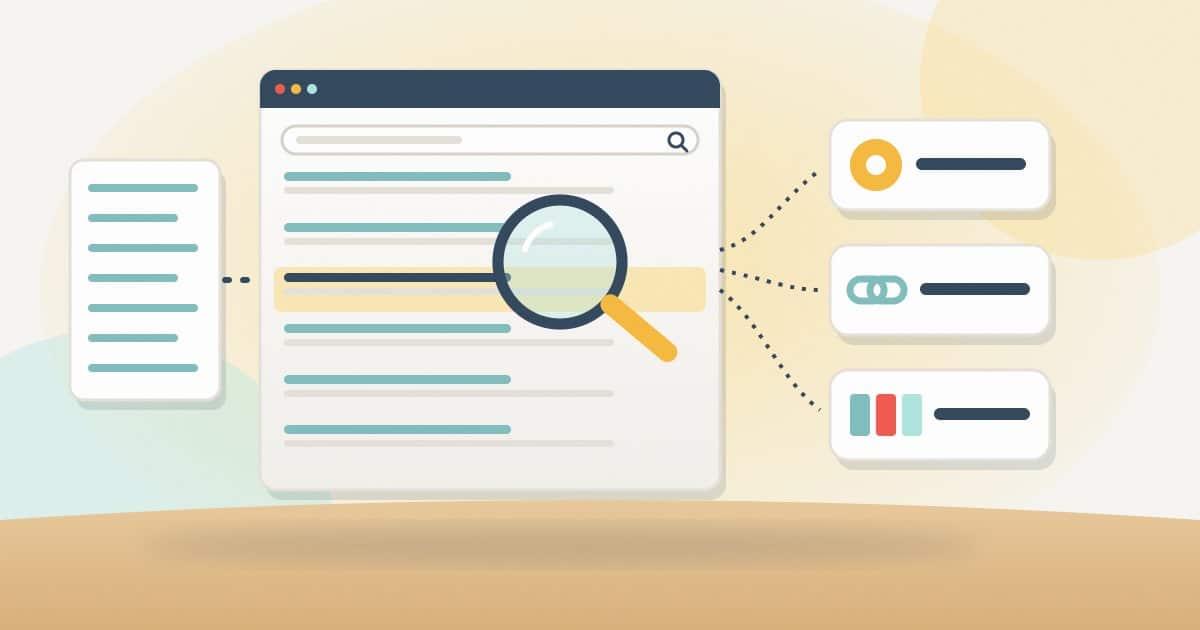 Illustration: a keyword list feeding a results page, a magnifying glass finding your site on it, and three recorded details: the position, the ranking page and the features on the page.