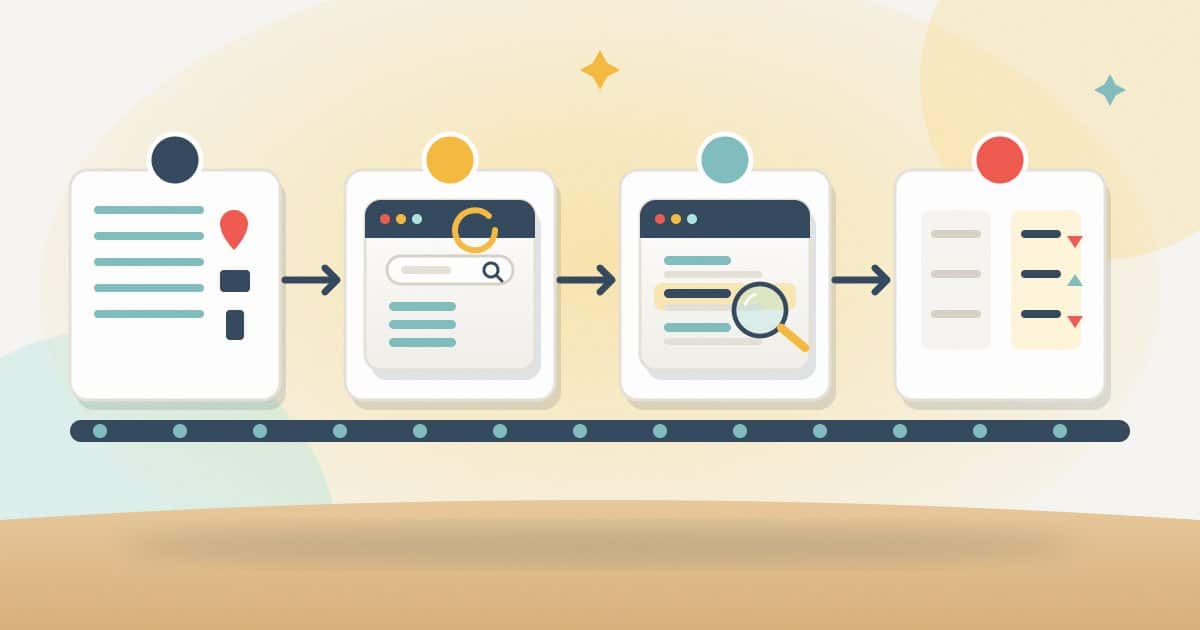 Illustration: four stations on a conveyor: keywords and settings, a fresh results page, your site found on the page, and a comparison with the previous check.