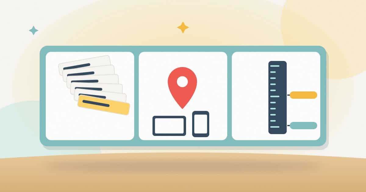 Illustration: a starter tray with three compartments: a fan of keyword cards, a location pin with desktop and mobile, and a depth ruler with two levels.