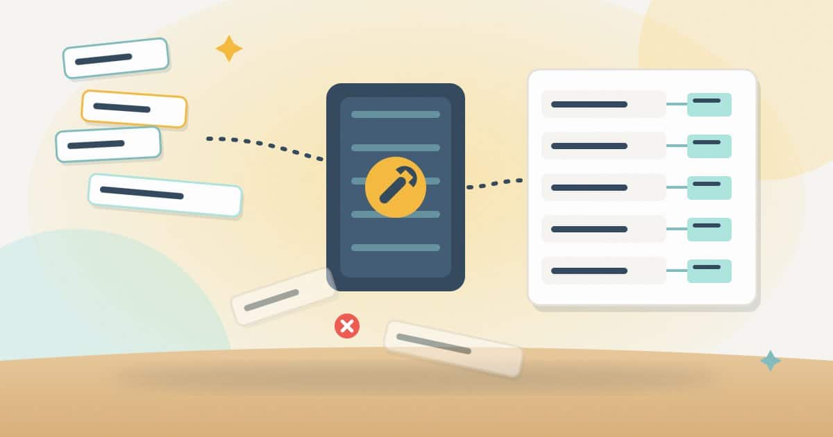 Illustration: keyword cards pass through a gate marked with a wrench for the would-you-act test; the ones that pass join a list where each keyword is tied to a page, and the rest fall away.