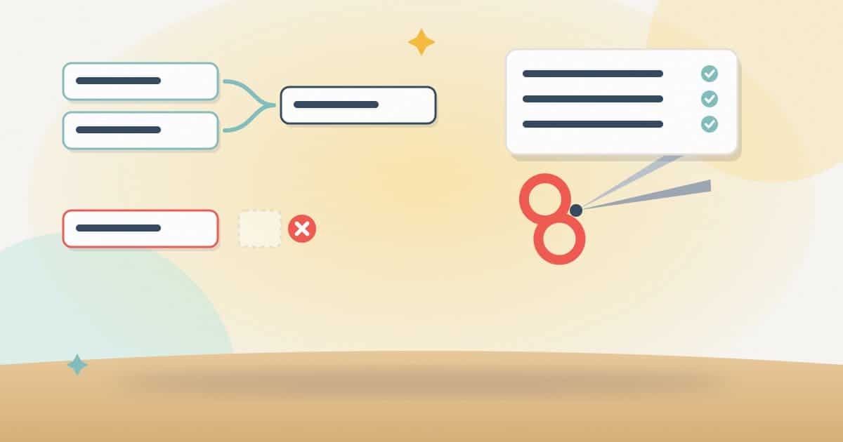 Illustration: two near-duplicate keyword cards merged into one, a keyword with no matching page crossed out, and pruning shears beside a trimmed list.