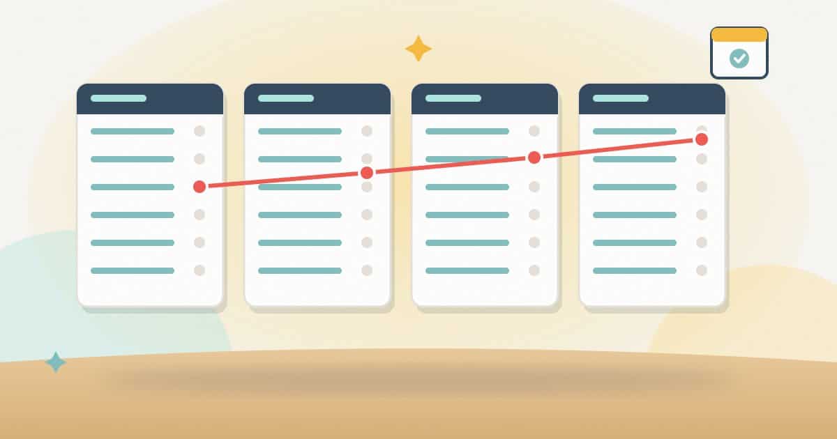 Illustration: four identical keyword lists from successive checks with one trend line running through the same row, and a quarterly review calendar with a tick.