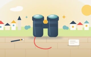 A pair of binoculars on a stone wall above a small town, with a note and pen beside it, standing for shortlisting SEO companies carefully.