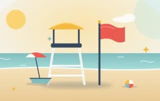 A lifeguard chair on a beach beside a red warning flag, standing for spotting red flags before hiring an SEO freelancer.