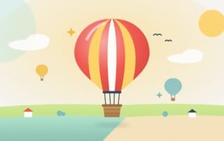 A striped hot-air balloon rising above fields and small houses, standing for looking beyond the nearest SEO agency to find the right one.
