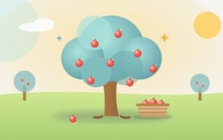 An apple tree full of ripe fruit in a meadow with a basket of picked apples, standing for organic SEO that keeps paying back over time.