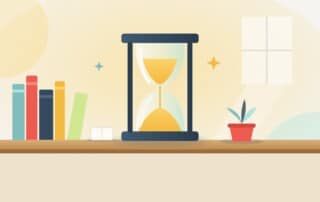 An hourglass with golden sand on a wooden shelf beside books and a plant, standing for what happens in the first 30 days of WordPress SEO consulting.