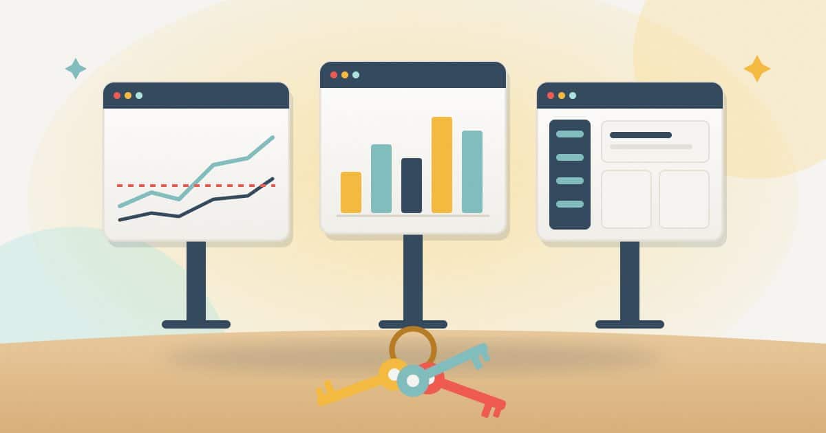 Illustration: three screens with a search performance chart and a baseline line, an analytics bar chart and a website admin view, with a ring of access keys in front.