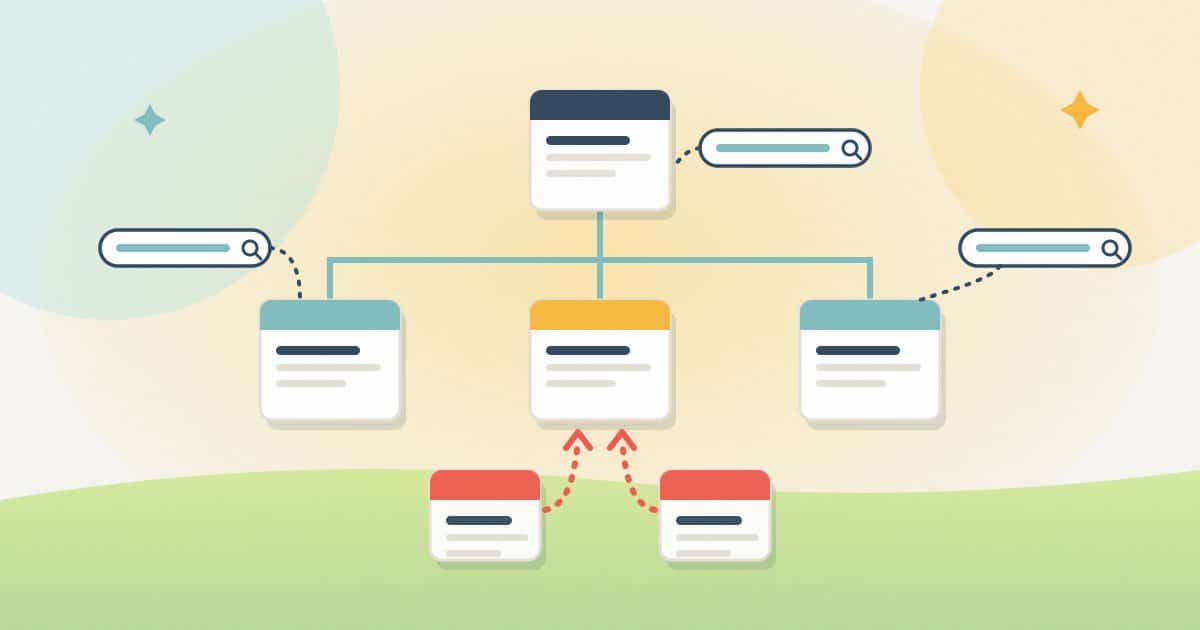 Illustration: a keyword map where each website page has its own search tag, and two competing pages are merged into one.