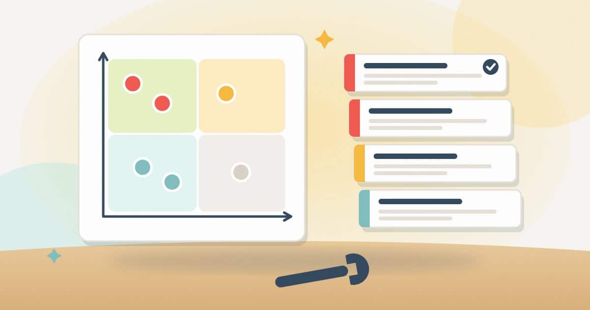 Illustration: an impact-versus-effort grid next to a stack of fix tickets ranked by priority, with a wrench.