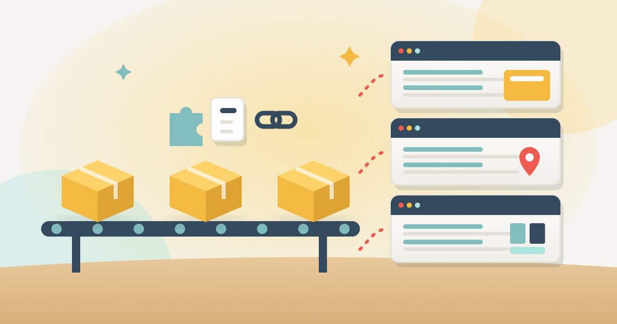 Illustration: identical SEO package boxes (plugin, page titles, posts, links) on a conveyor belt heading to three very different websites: a shop, a local business and a blog.