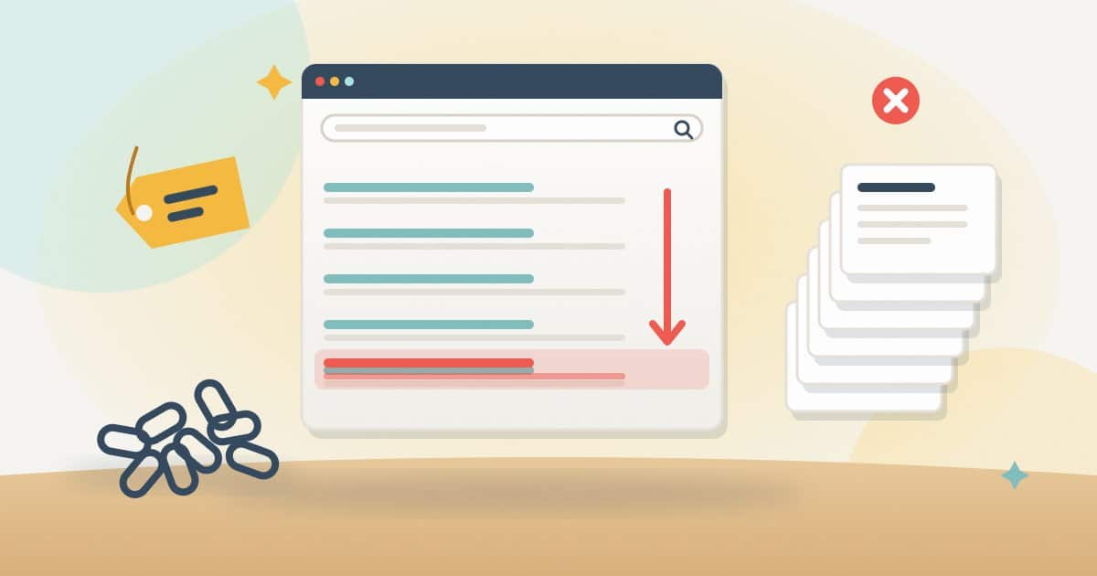 Illustration: a cheap price tag, a tangle of bought links and a stack of identical mass-produced pages beside a search result sliding down the rankings.