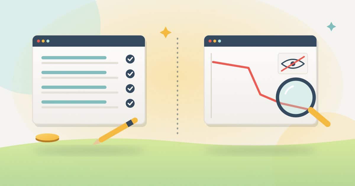 Illustration: a healthy website with all checks passed next to a broken website with falling traffic and unindexed pages under a magnifying glass.