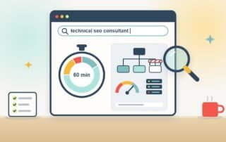 A browser search for a technical SEO consultant shows a stopwatch split into the stages of the first hour next to the checks made in it: site structure with a blocked path, a speed gauge and server health, under a magnifying glass.