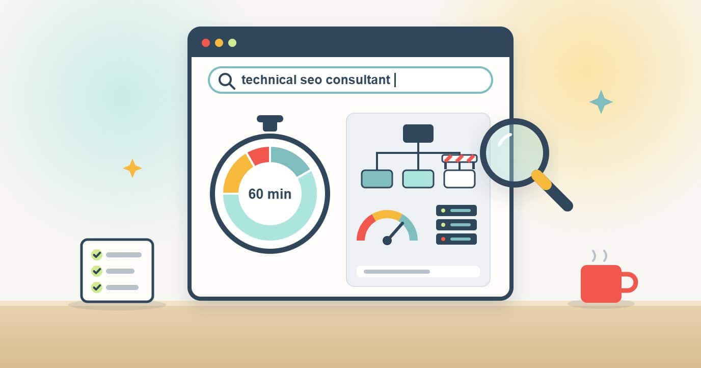 A browser search for a technical SEO consultant shows a stopwatch split into the stages of the first hour next to the checks made in it: site structure with a blocked path, a speed gauge and server health, under a magnifying glass.