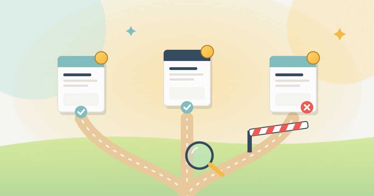 Illustration: three roads lead to three money pages; two are open and ticked, the third is blocked by a barrier, while a magnifying glass checks the way in.