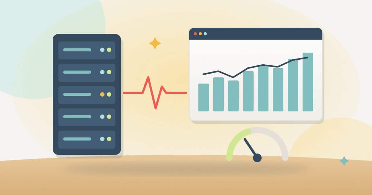 Illustration: a server rack linked by a pulse line to a crawl statistics chart, with a response-time gauge in front.