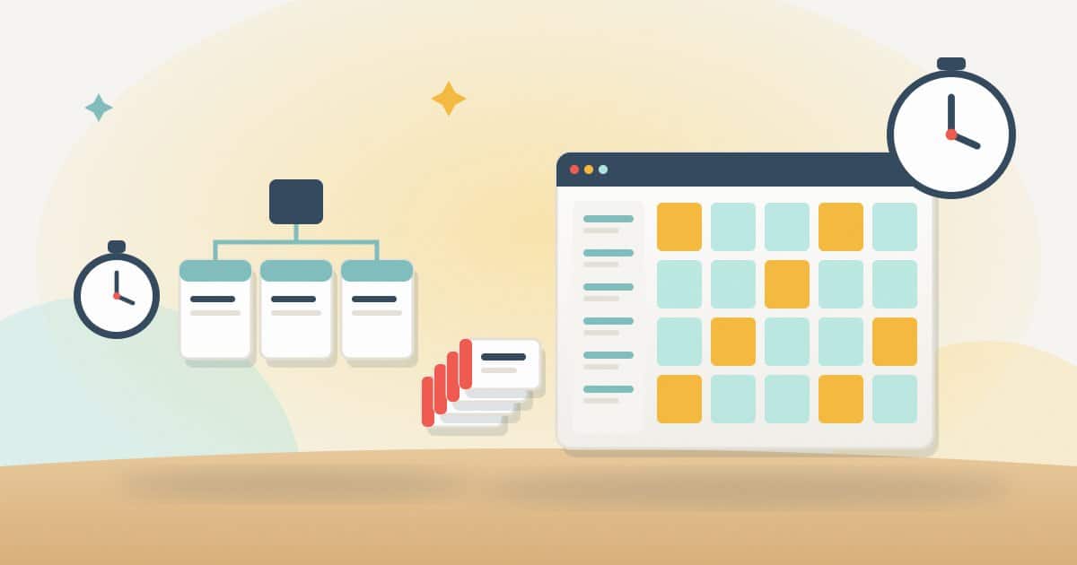 Illustration: a small three-page website with a small clock next to a large shop website with filters and many products, a big clock and a queue of developer tickets.
