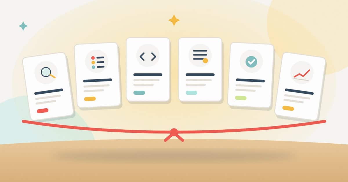 Illustration: six deliverable cards tied together: an audit, a prioritised list, developer tickets, a change log, a release check and a progress report.