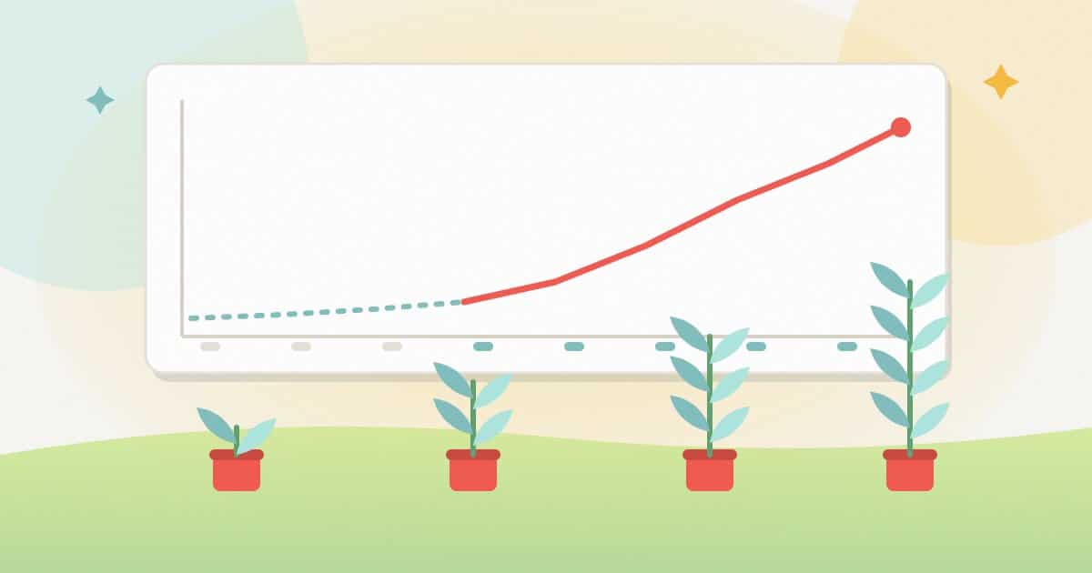 Illustration: a ranking chart that stays flat for the first weeks and then rises, above four potted plants growing taller from left to right.