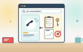 A browser search for an SEO consultation shows a call card with a phone handset and a short timer, fed by a preparation tray holding a ticked question checklist, an access key, a baseline traffic chart and a goal target.