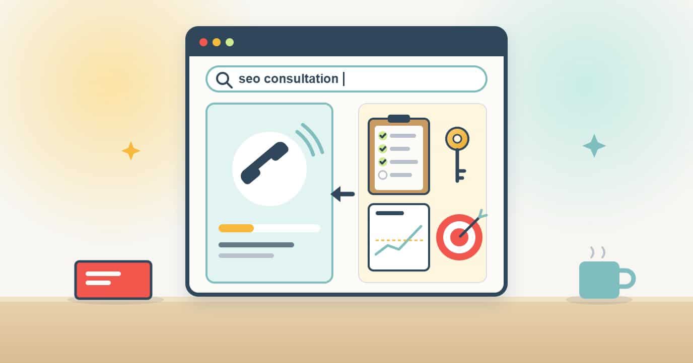 A browser search for an SEO consultation shows a call card with a phone handset and a short timer, fed by a preparation tray holding a ticked question checklist, an access key, a baseline traffic chart and a goal target.