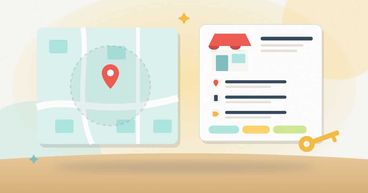 Illustration: a town map with a location pin and a dotted service-area ring next to a business profile card with a shopfront, address, phone and category rows, and an ownership key.