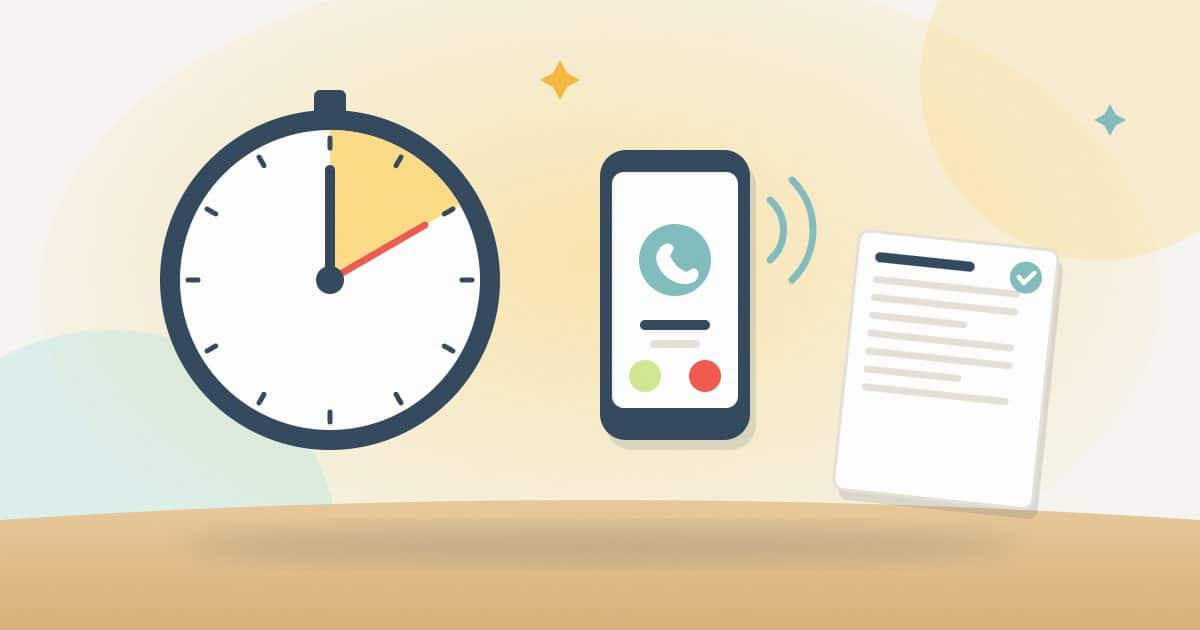 Illustration: a large timer with a short ten-minute segment highlighted, a smartphone showing a call and a one-page brief with a tick.