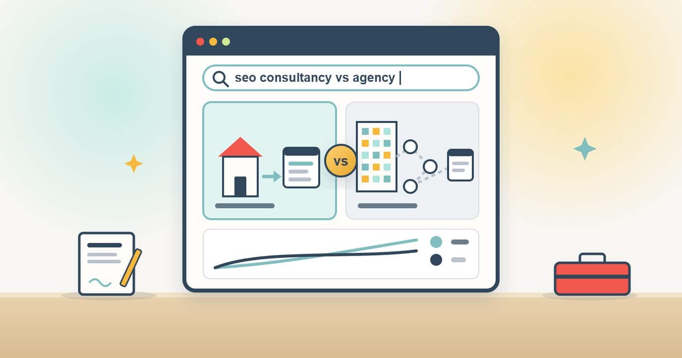 A browser search for SEO consultancy vs agency shows a small office with a direct line to the client site next to a large agency building whose work passes through several relay points, with a chart below where the two paths lead to different results.