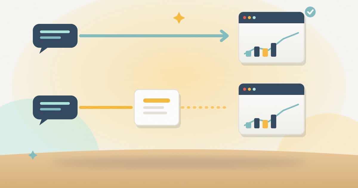 Illustration: two message paths to the same data screen: one goes straight to it, the other passes through a relay card and arrives faded.