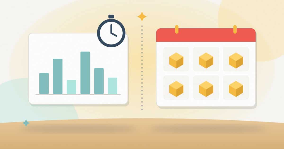 Illustration: on one side a stopwatch and monthly bars of varying height for hourly billing; on the other a calendar with an identical package box each month for a retainer.