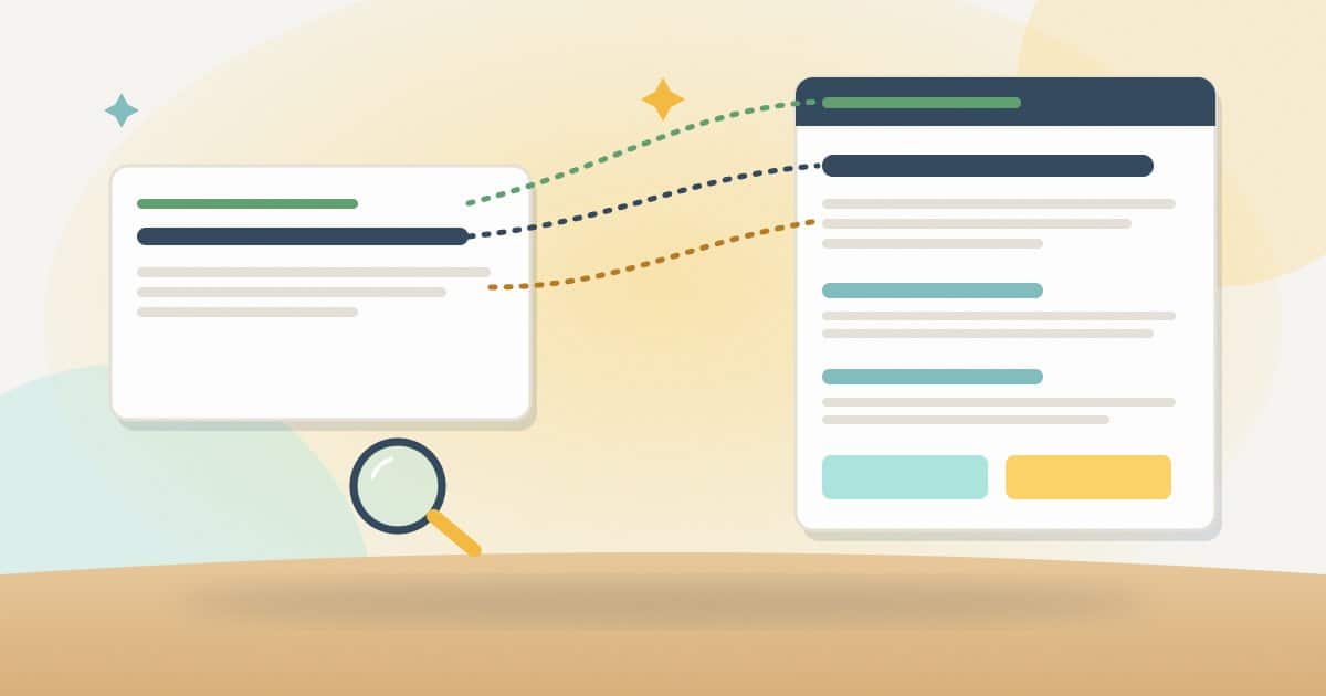 Illustration: a search snippet whose URL, title and description lines connect to the matching parts of a well-structured web page, with a magnifying glass.
