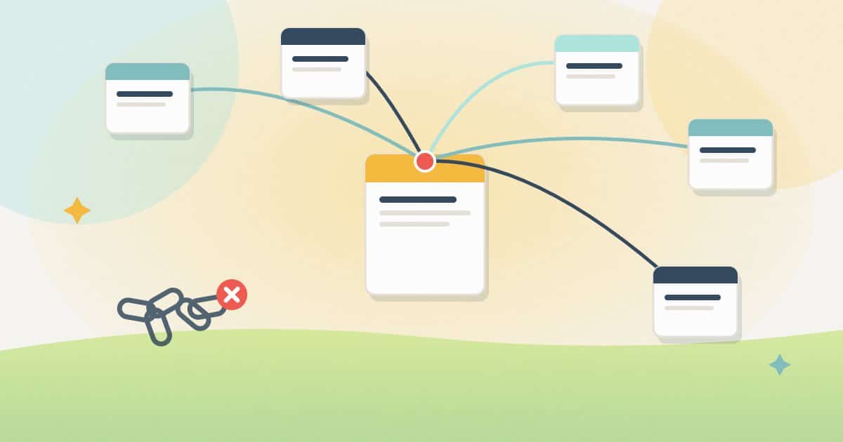 Illustration: several websites linking naturally to one page in the middle, with a crossed-out tangle of bought links in the corner.
