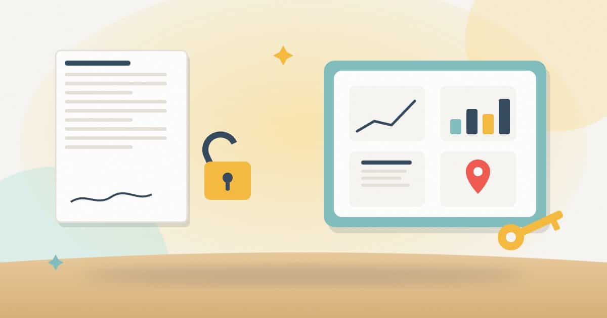 Illustration: a signed contract beside an open padlock for no lock-in, and a box holding your own analytics, search data, content and business listing, with your key.
