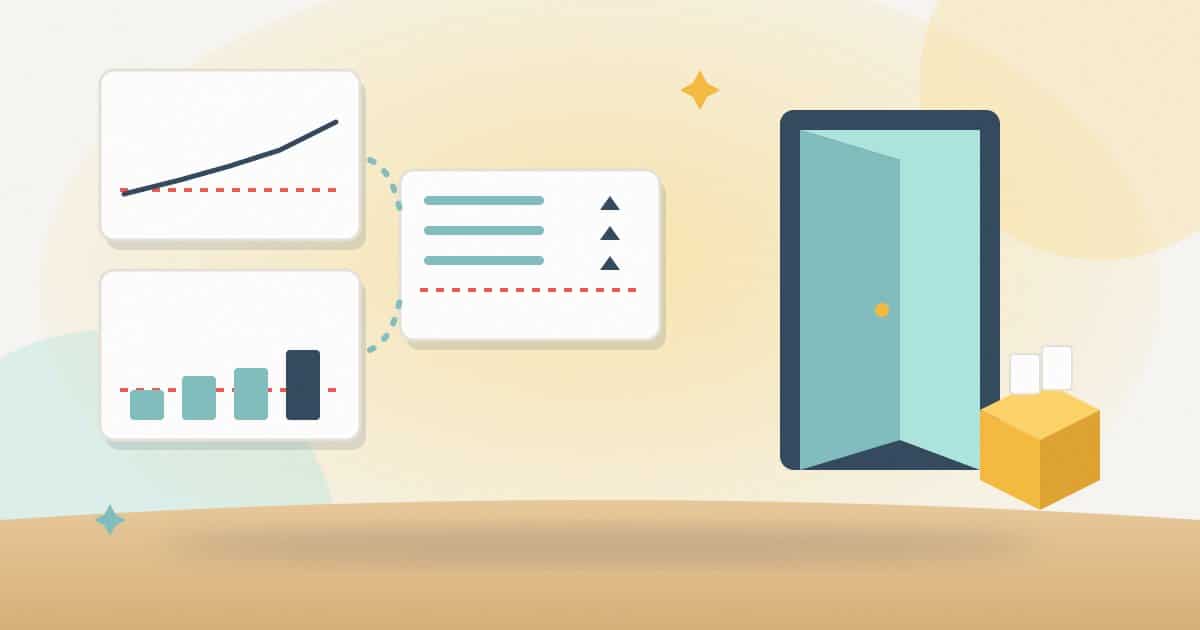 Illustration: search, analytics and ranking panels each measured against a dashed baseline, and an open door with a box of handed-over files for a clean exit.