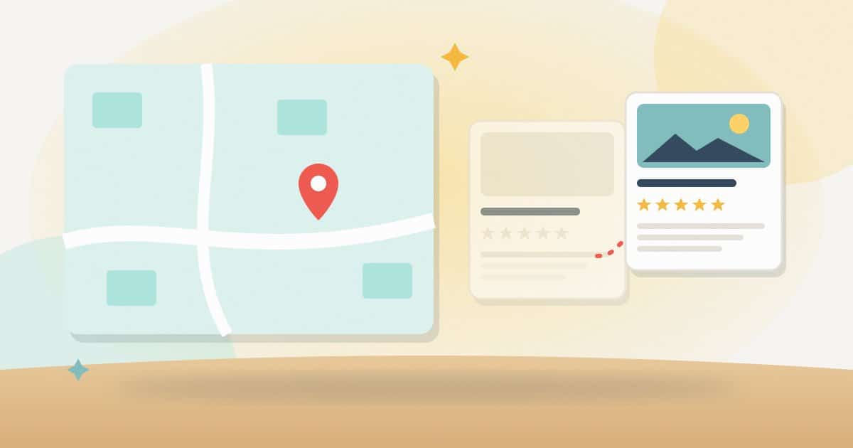 Illustration: a town map with a location pin beside a business profile shown before and after improvement, with photo, stars and complete details.